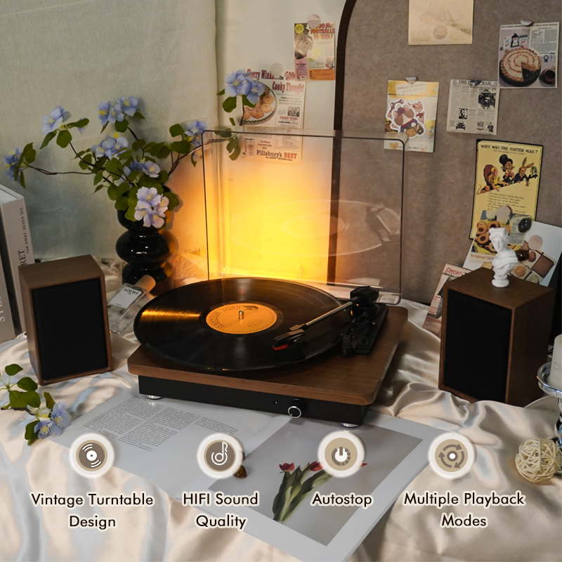 Tr112 Wooden Vinyl Record Player Turntable with Free High-Fidelity Speakers