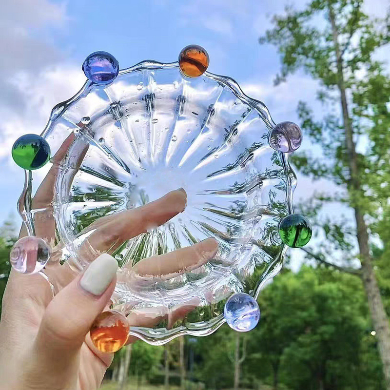 Glass Crown Bowl with Colorful Glass Beads for Decoration