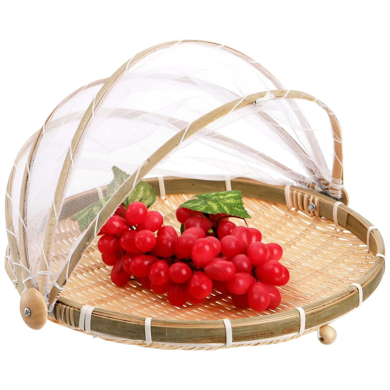Food Serving Tent Basket Hand-Woven Bamboo Dustproof Round Picnic Basket Net