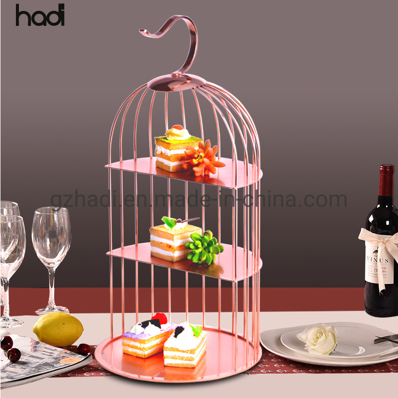 Party Decorative Wedding Buffet Tableware Pink Rose Gold Color Bird Cage Display Buffet Fancy 3 Tier Stainless Steel Bird Cage Afternoon Tea with Stand