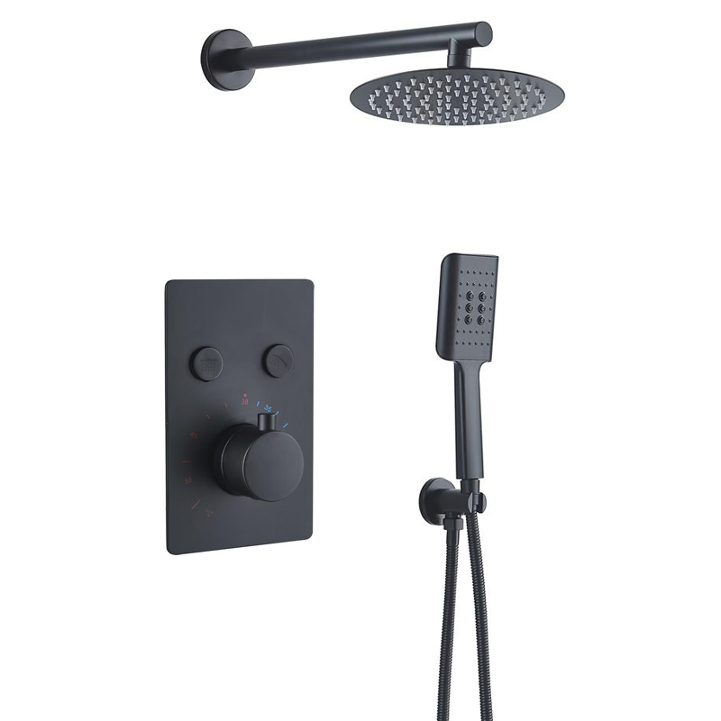 Modern Built-in Wall Mount Button Shower Faucet Set Copper Bathroom Rain Shower Head Concealed Black Shower System
