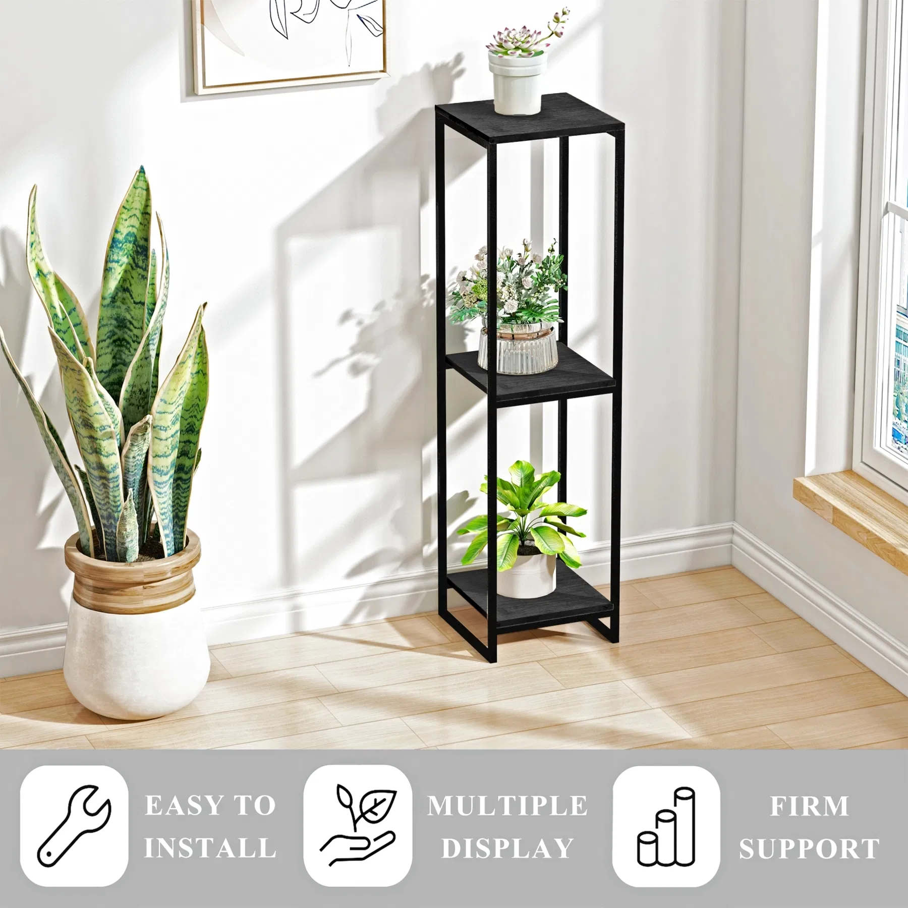 Elegant 3-Tier Black Corner Plant Stand for Indoor Spaces