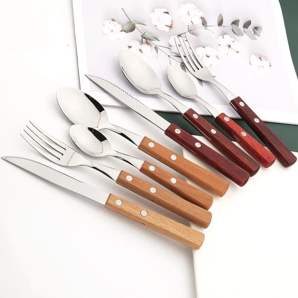 Dinner Knife Dinnerware Wood Handle Silver Steak Knives Cutlery Set 304 Stainless Steel Western Kitchen Silverware Set