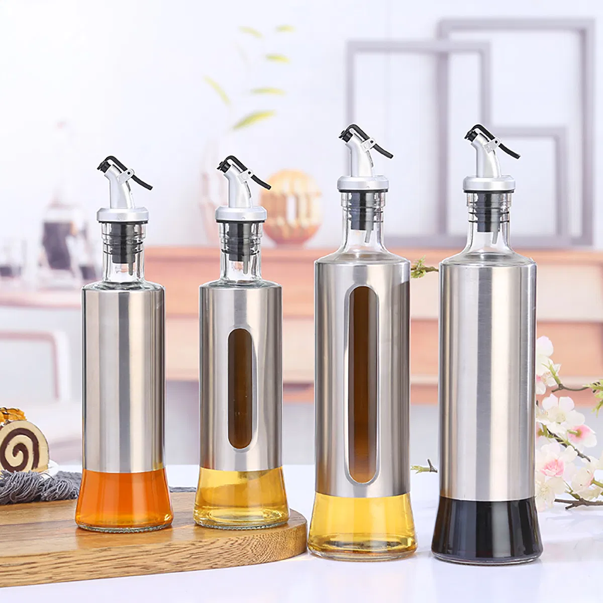 Kitchen Vinegar Dispenser Set Glass Olive Oil Bottles with Drip Spout Leak-Proof Oil Pot Storage Seasoning Condiment Container