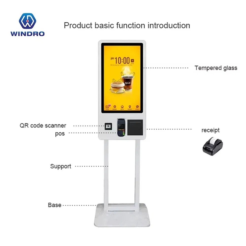 Android or Windows OS 24 27 32 Inch Self-Service Totem Capacitive Touch Thermal Printer Self Ordering Kiosk in Restaurant