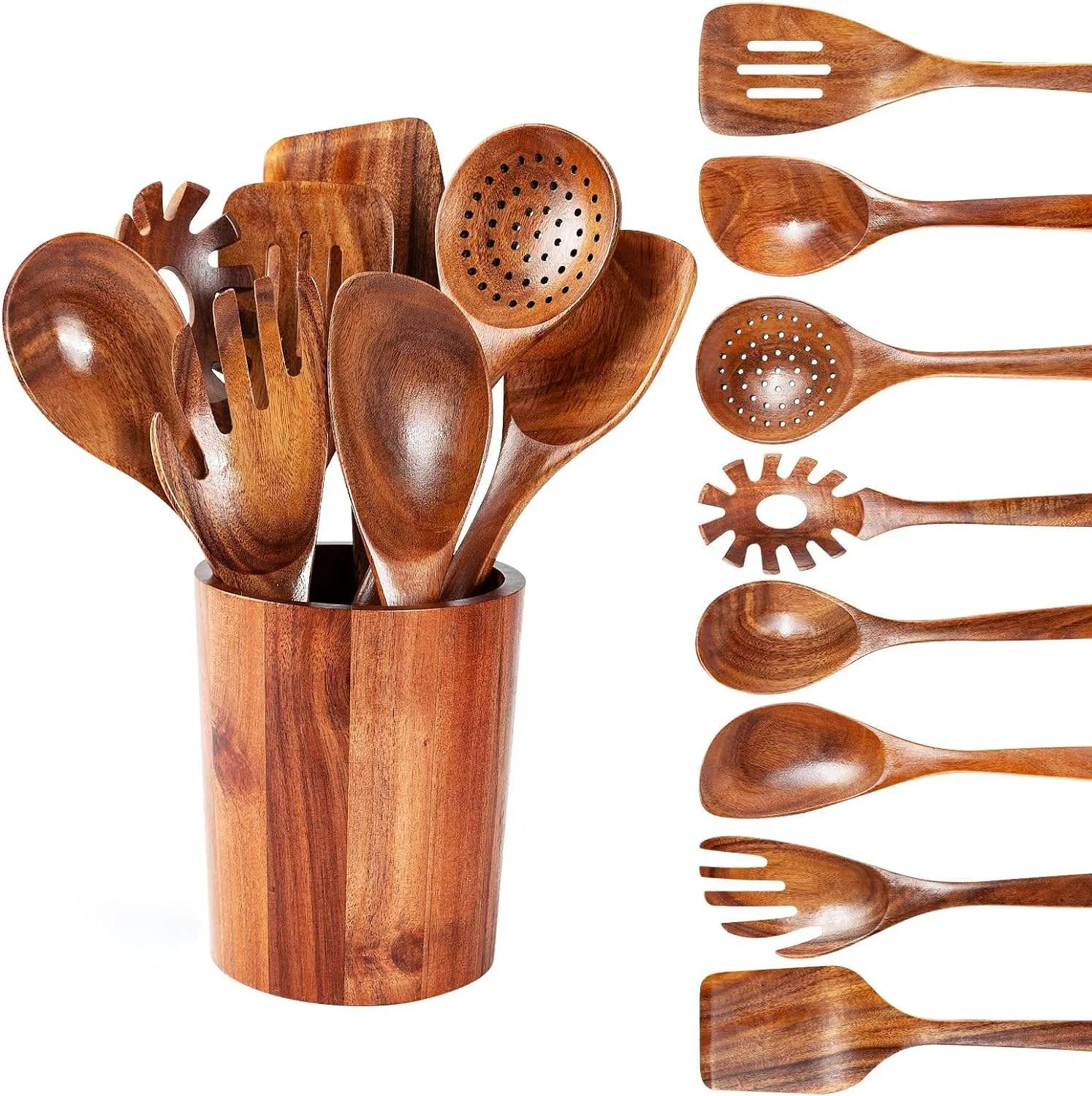 9-Piece High-Quality Wooden Spoon, Spatula, and Strainer Kitchen Utensil Set