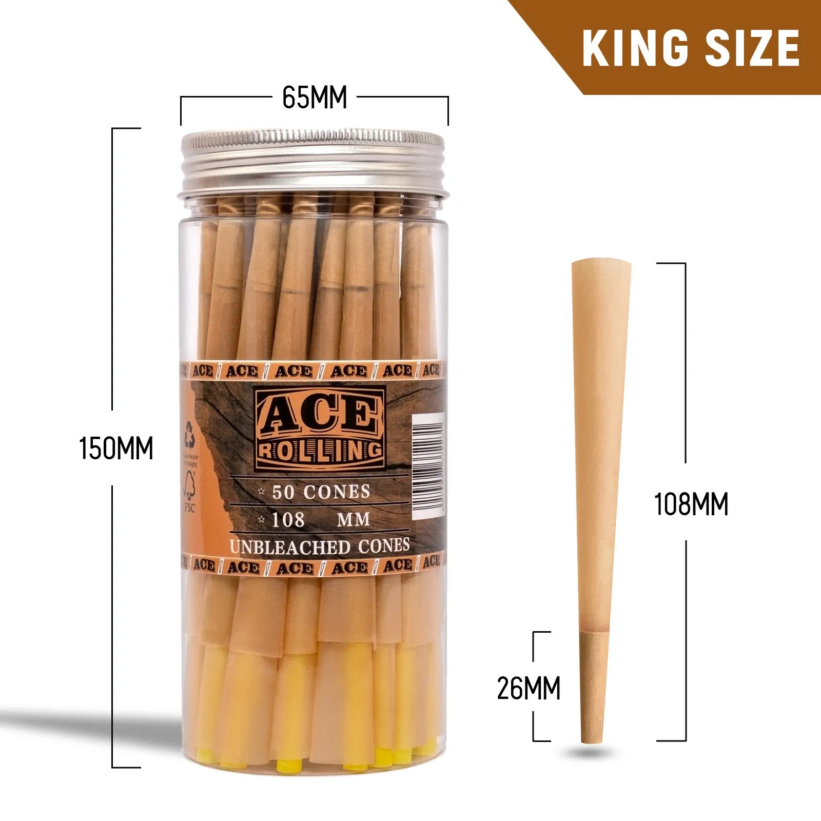 Custom Kingsize 100 Cones/Jar 100% Vegetarian Pre Rolled Cones Smoking Rolling Paper