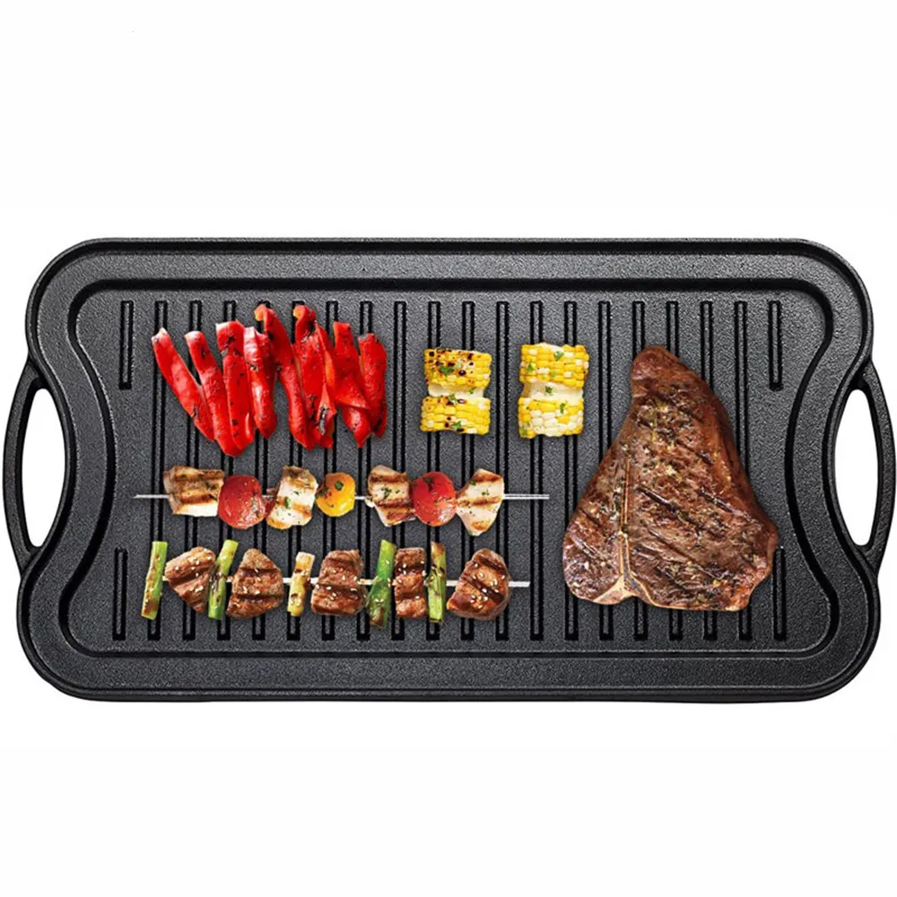 Cast Iron Outside Camping Cookware Nonstick Rectangular Cast Iron Steak Fire Grill Griddle BBQ Plate with Handle