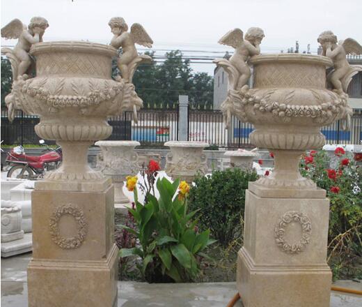 Кашпо садовое мраморное белое резное