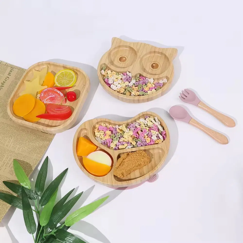 Wooden Cutlery Eco-Friendly Divided Cartoon Cute Animal Kids Baby Bamboo Plate Bowl Set Wooden Bowl Plate with Silicone Suction Cup