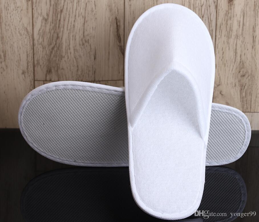 OEM Custom Logo Wholesale Cheap Disposable White Guest Bedroom Slippers for SPA Cotton Terry Velour EVA Sole Hotel Slippers