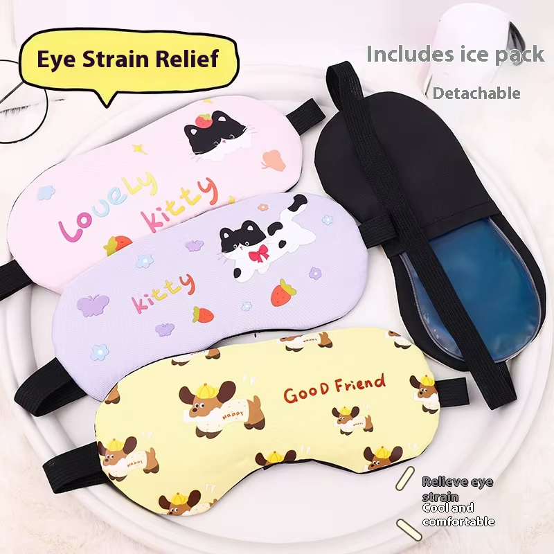 Wholesale Cute Cartoon Pink Blue Comfortable Custom Polyester Travel Cute Smile Print Sleep Eye Mask Eye Shade