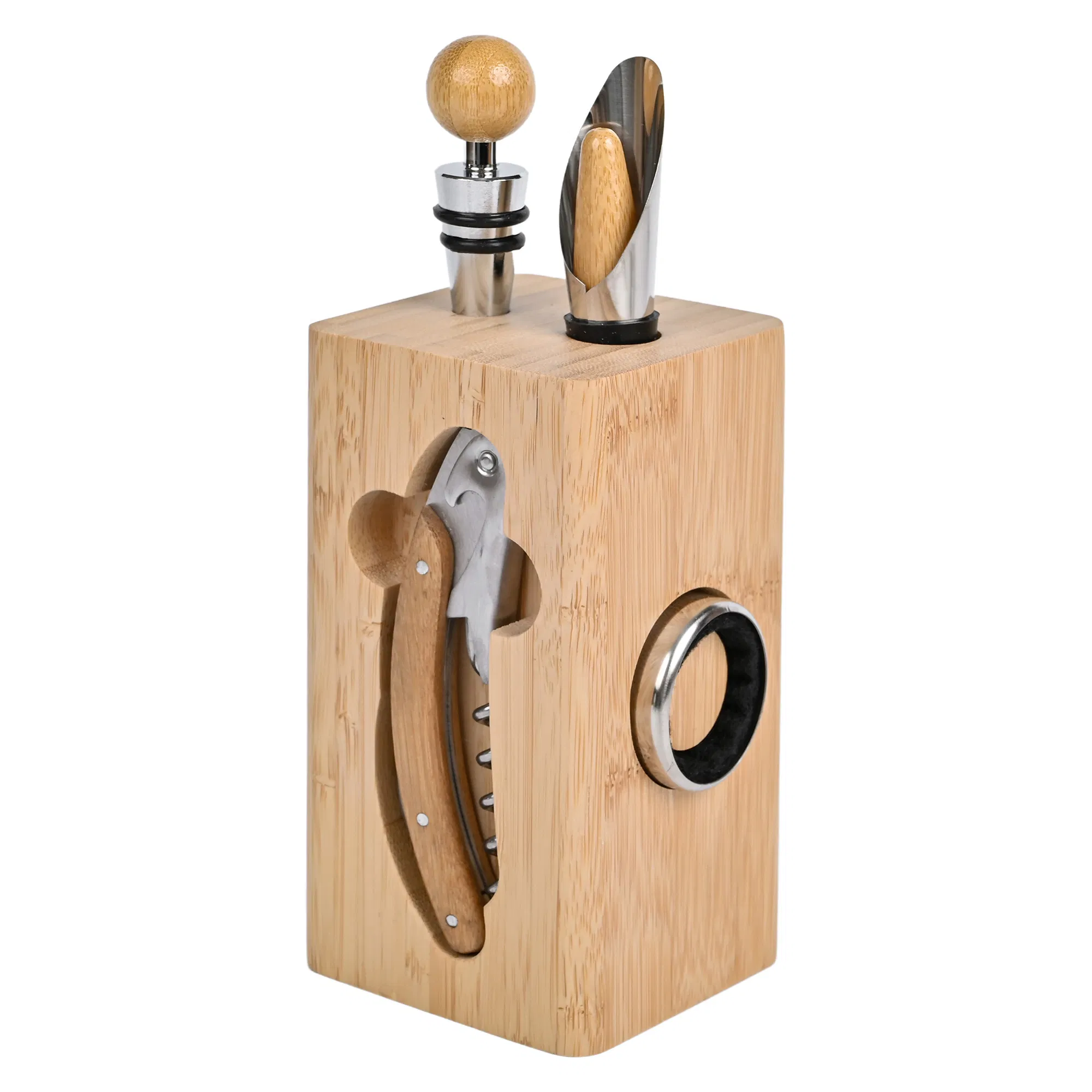 Premium Bamboo Wine Opener Set with Corkscrew Stopper and Pourer