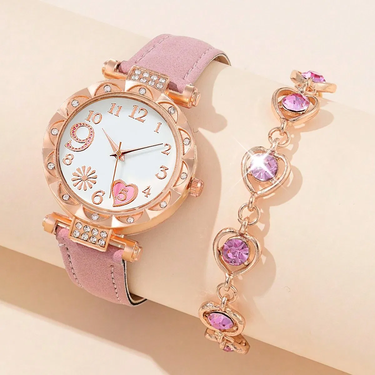 Heart-Shaped Rhinestone Romantic Bracelet and Watch Set for Women