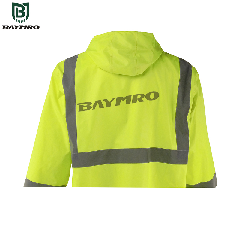 High Visibility Reflective Waterproof PVC Rain Wear Long Raincoat with Hood Reflective Mackintosh Coat