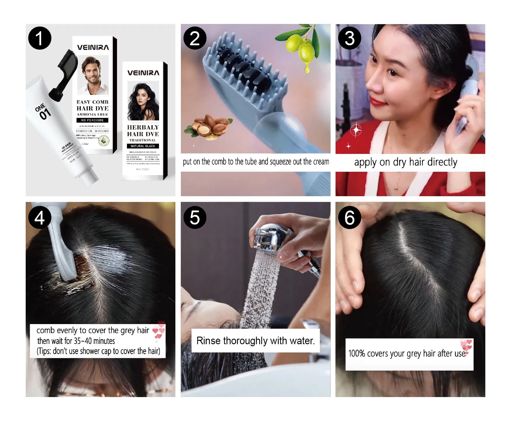 No Peroxide No Ammonia Hair Dye Shampoo Hair Color Comb Easy to Use 100% Covers Grey Hair
