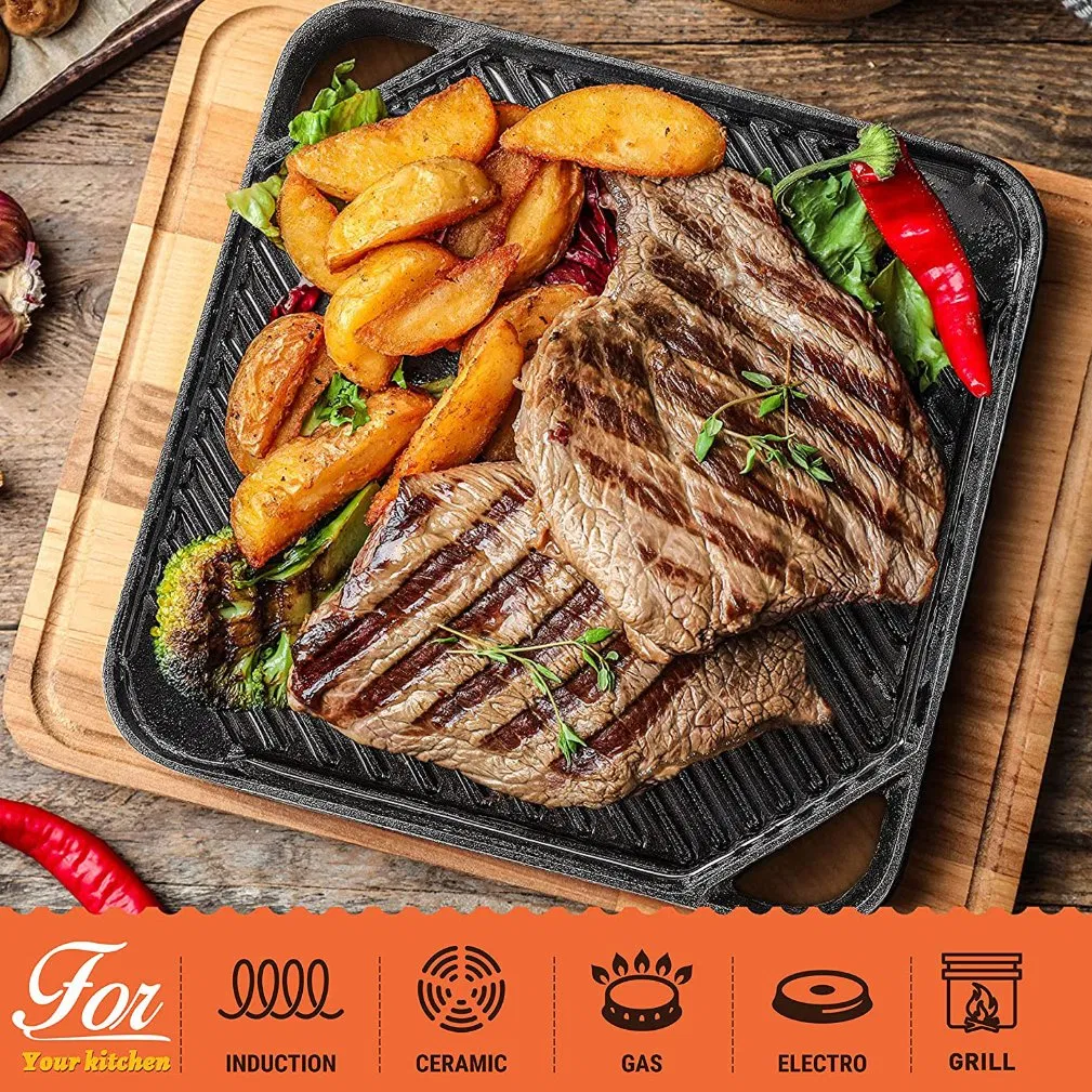 Square Cast Iron Reversible Grill Griddle Plate with Dual Handles for Frying Bacon Eggs Burgers Kebabs Cookware Black