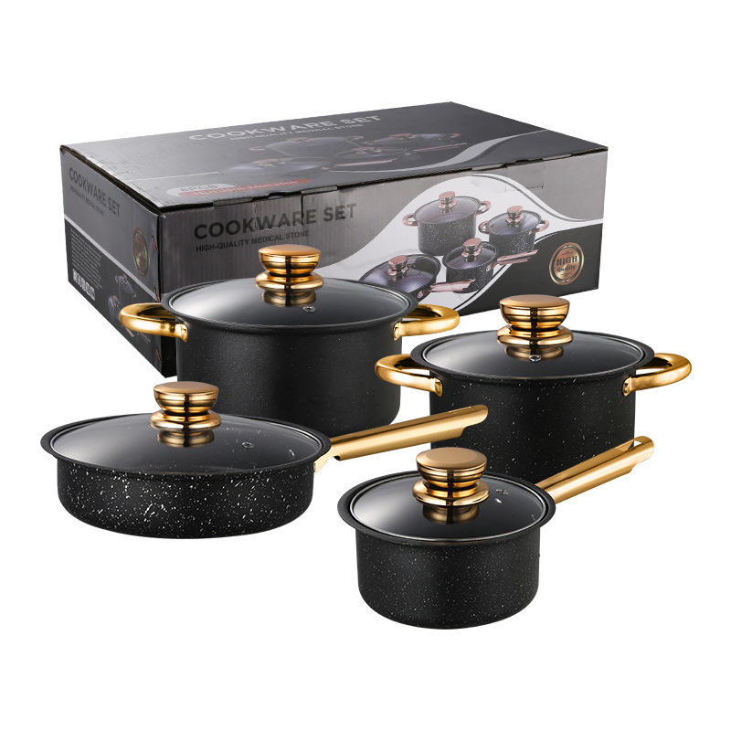8-Piece Thicken Marble Coated Non-Stick Cookware with Gold-Plated Handle Cookware Kitchenware