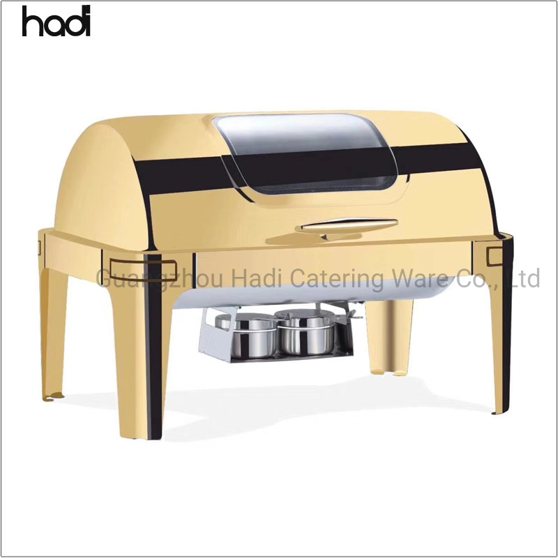 Best Price Stainless Steel Roll Top Buffet Food Chafing Dish Commercial Stock Golden Chafing Dish/Roll Top Buffet Chafer with Glass Window