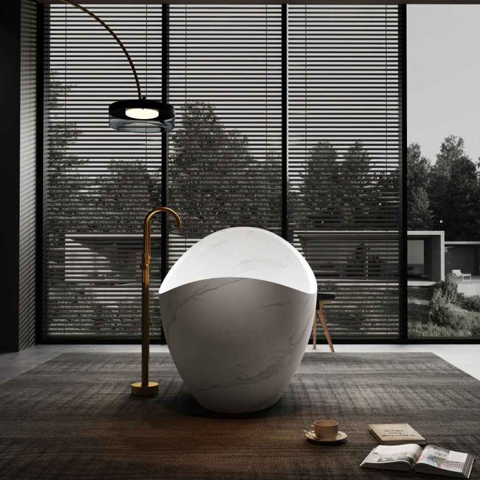 High-End Freestanding Bathroom Bathtub Customized Marble Texture Cultured Composite Stone Solid Surface Soaking Pedestal Tub