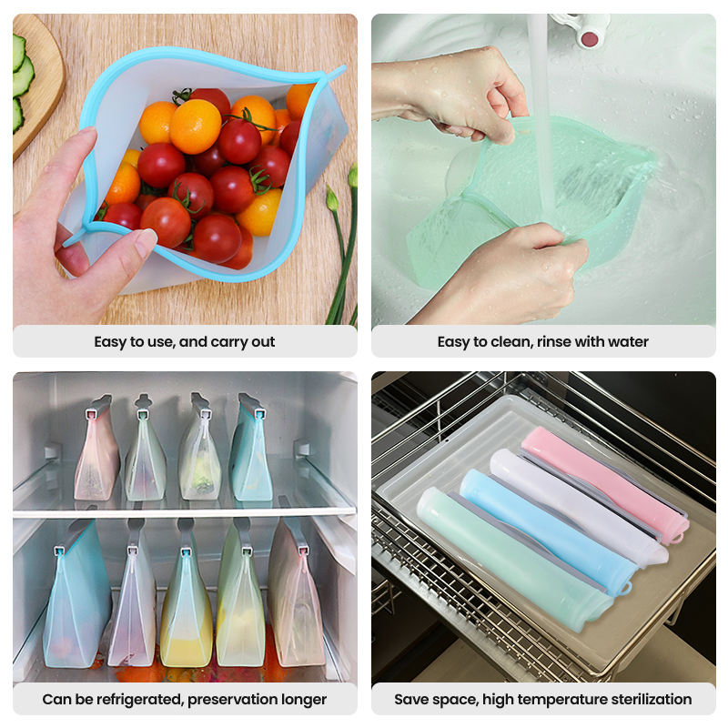 Custom Bulk Organizer Transparent Ziplock Reusable Silicone Food Storage Bags with Stand up Design