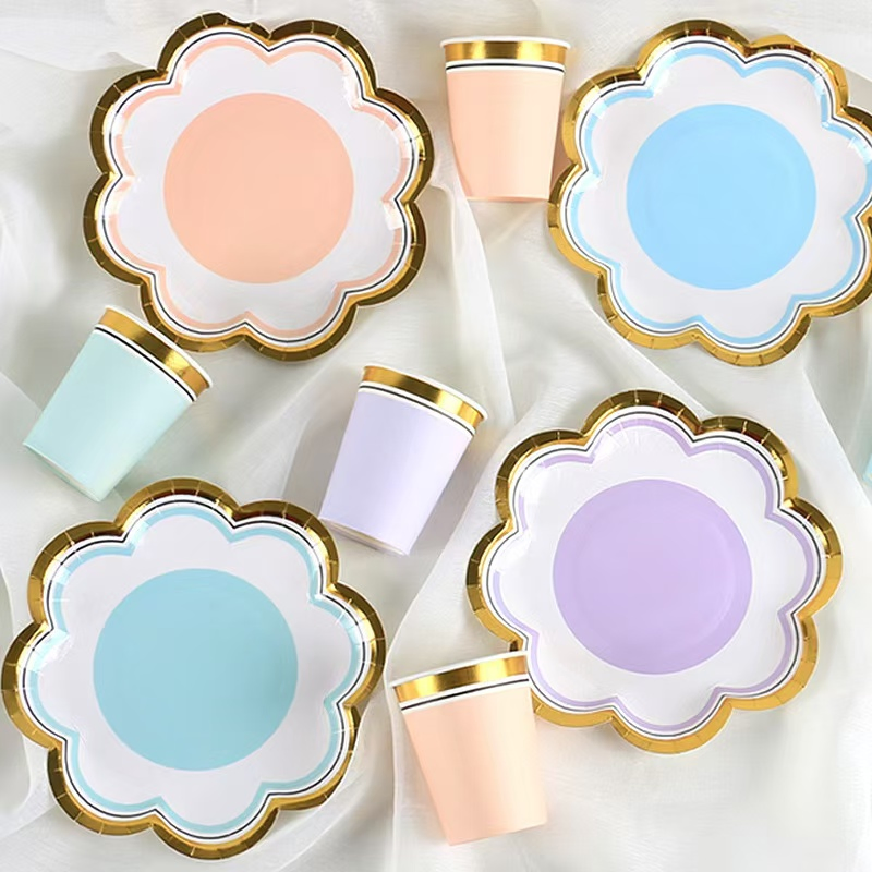Petal Shape 7 Inch Disposable Paper Plate Macaron Color Paper Cup 9 Inch Party Paper Plate Dessert Table Cake Plate