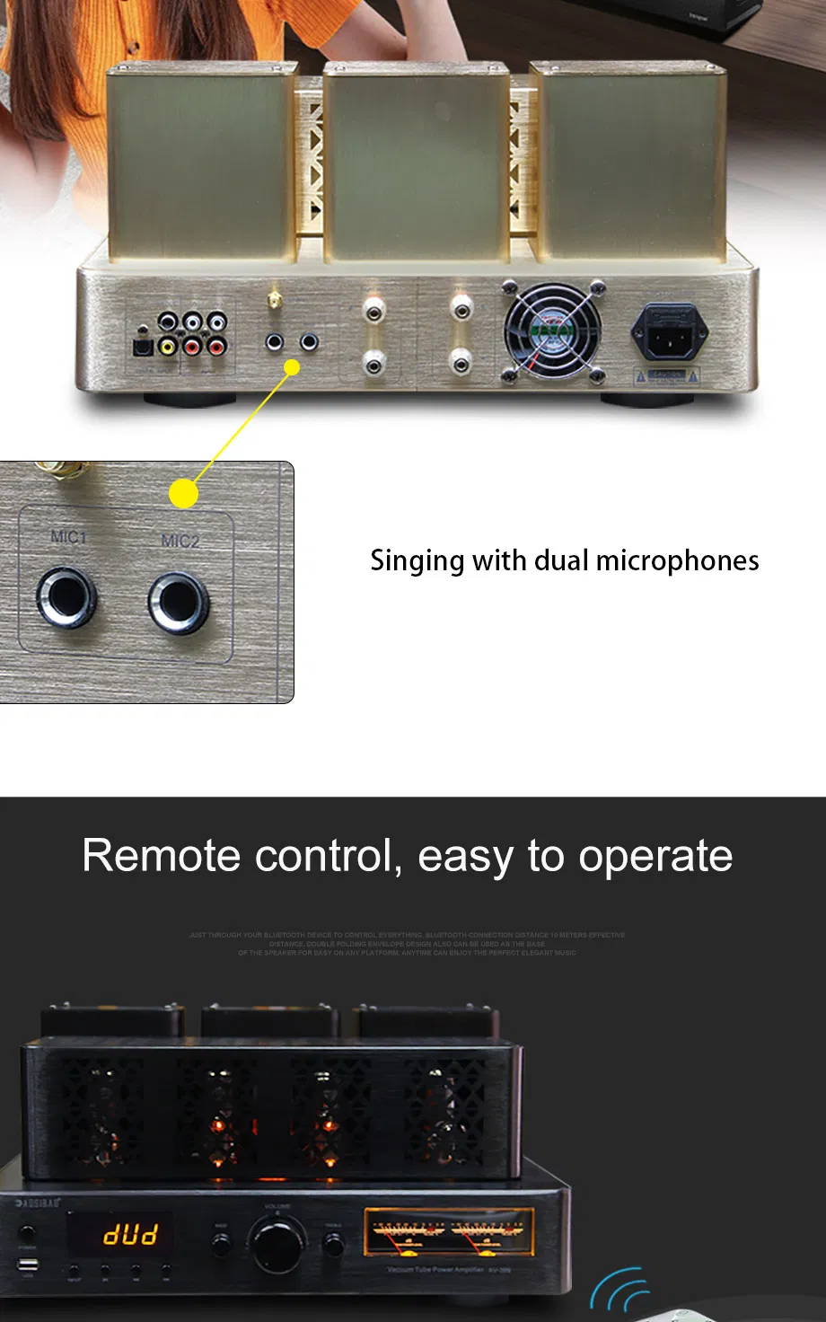 Vacuum Tube Amplifier Stereo Bluetooth Coaxial Optical Subwoofer Output Karaoke Microphone