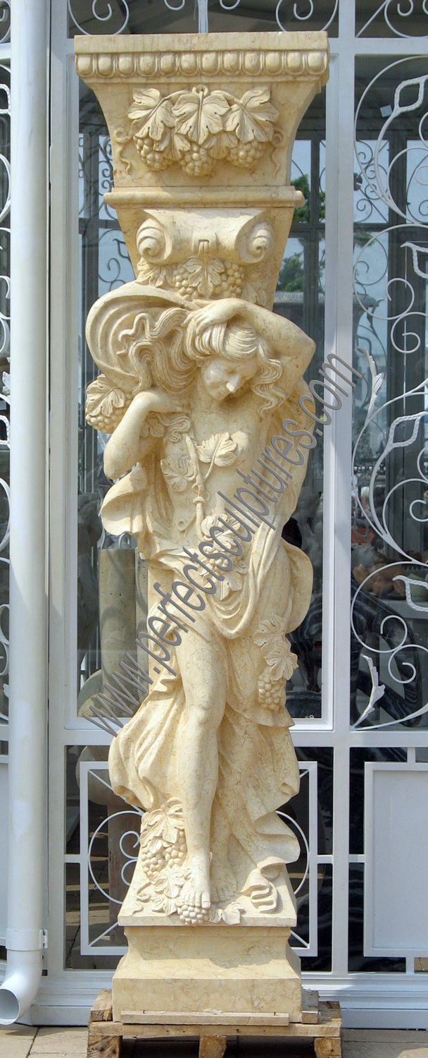 Entrance Main Gate Square Pillars Carved Stone Sculpture Columns with Marble Carving Lady Statue (QCM124AB)