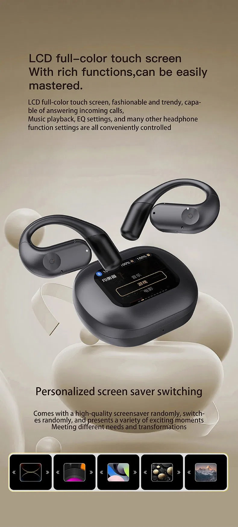 Sport 15m Connected Ows Earhook Bt5.4 Earphone Ipx7 Earbuds Wireless Earphones with Smart Touch Screen