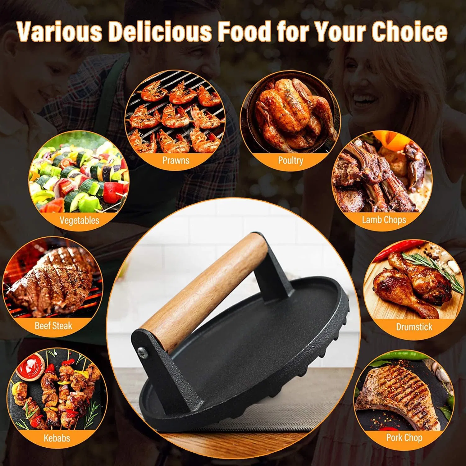 Customize BBQ Cast Iron Steak Meat Press Smasher Bacon Presser Grill Press Cast Iron Burger Press