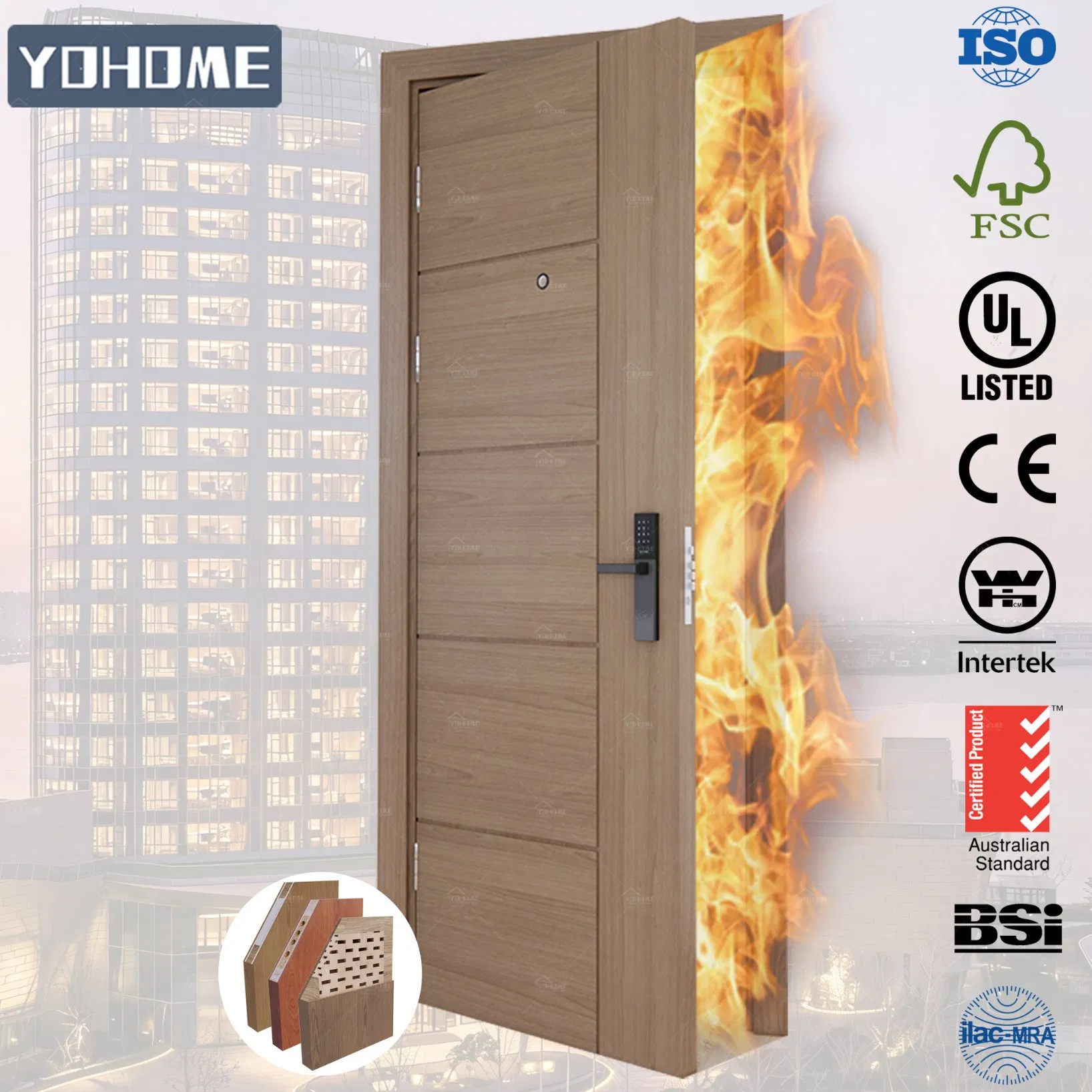 Canada Standard Ulc Fire Door Modern Inside Bedroom Door Entrance Guest Room Fire Rated Hotel Door Soundproof Interior Wooden Doors