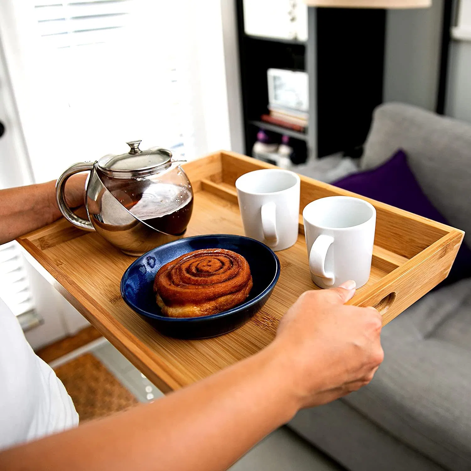 Decorative Party Platter Bamboo Serving Tray with Handles and Lap Top Holder