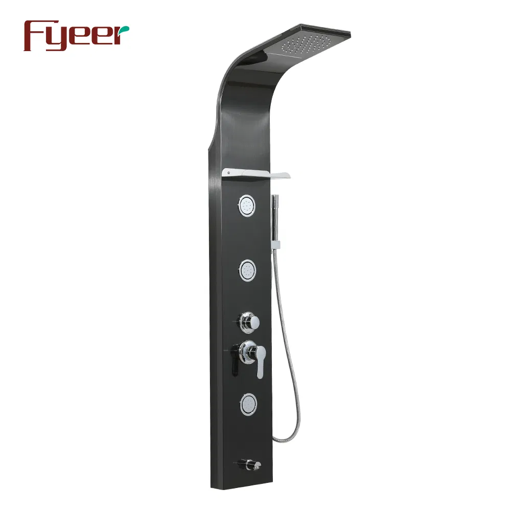 Fyeer New 5 Function Waterfall Black Panel Shower with Stainless Steel Shelf
