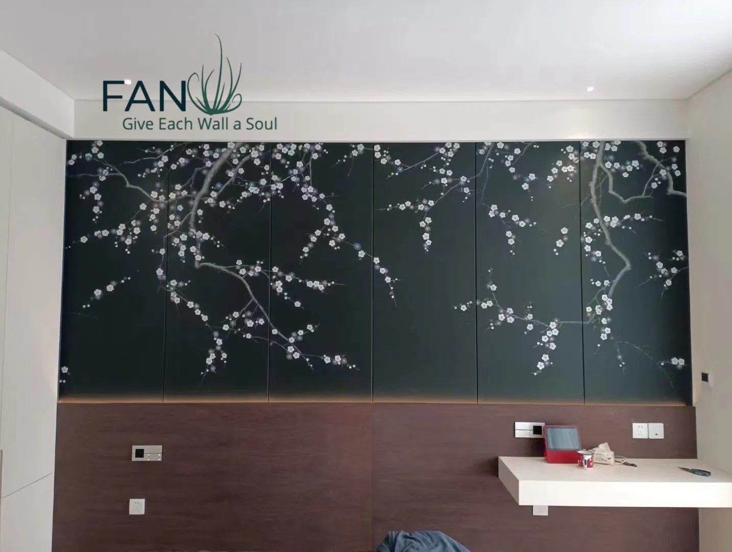 Luxury Hand-Painted White Plum Blossom Dark Green Background Wallpaper for Home Improvement