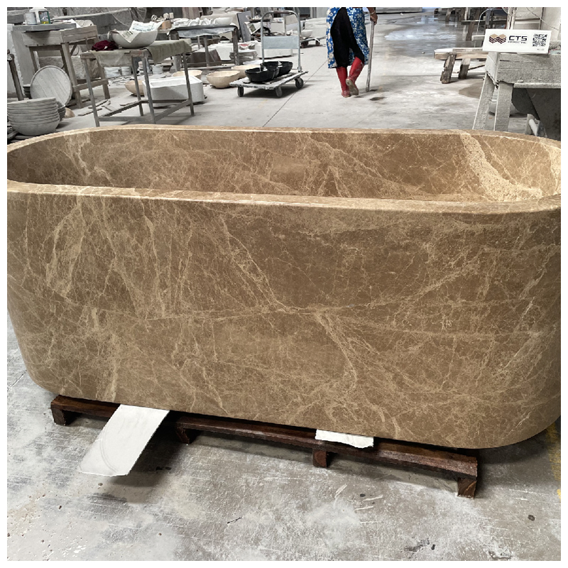 Hand-Carved Emperador Light Marble Freestadning Bathtub