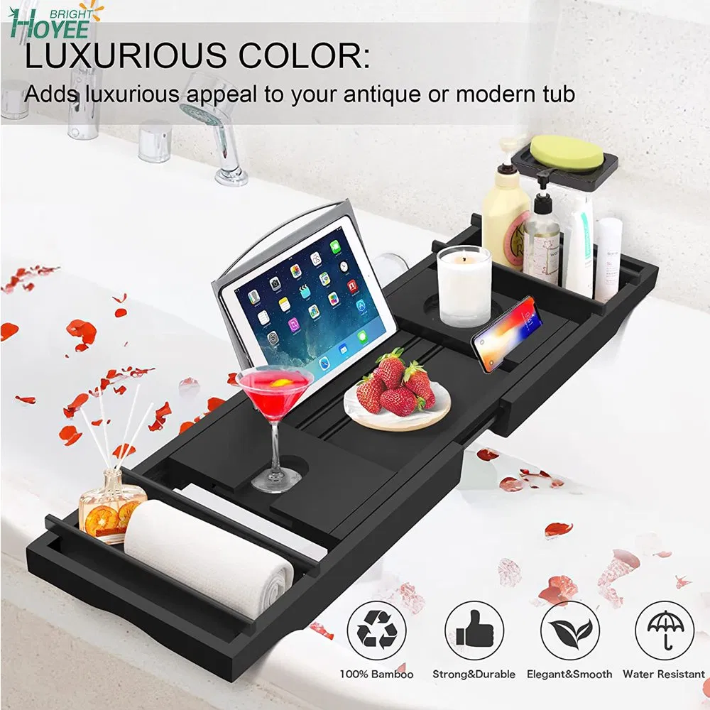 Adjustable Bathroom Organizer for Luxury Bath, Book Stand with Extending Sides & Wine Holder, Free Soap Holder, Black