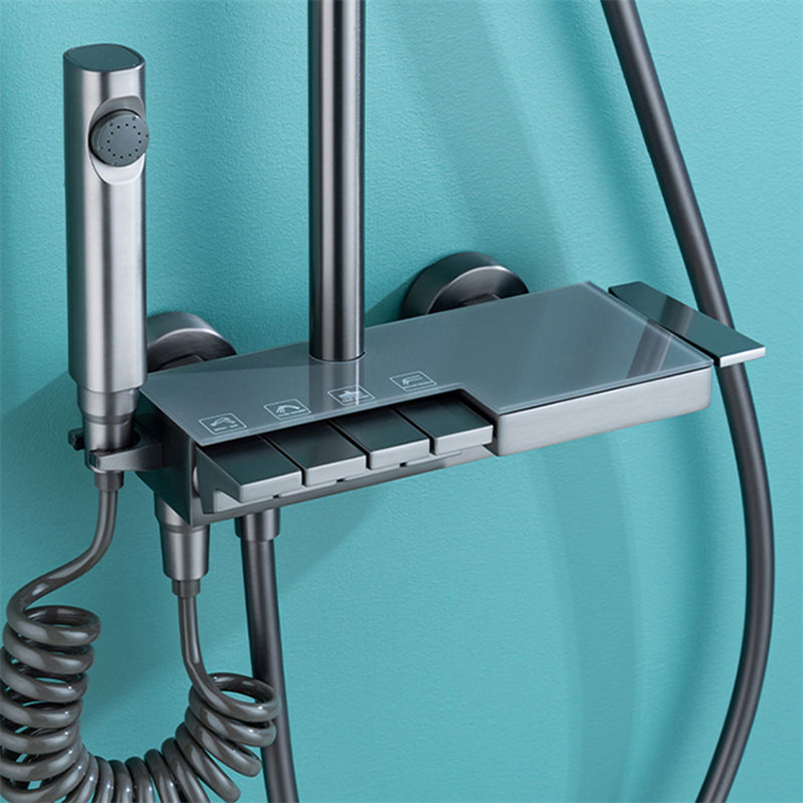 Gun Gray Brass Wall Mounted Rain Shower Mixer Faucet with Digital Display Power Shower Rain Shower Wall Mounted Solid Brass Bathtub, Piano Key Shower System Set