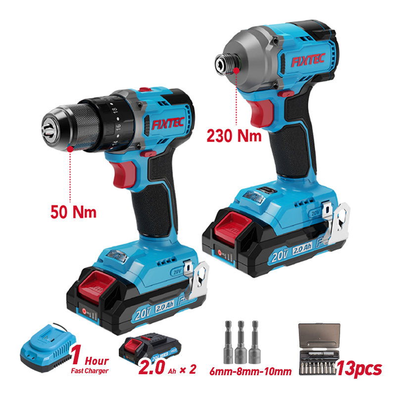 Fixtec Household Electric Drill Cordless Power Drill 20V Lithium Impact Driver with 13PCS Accessories Set