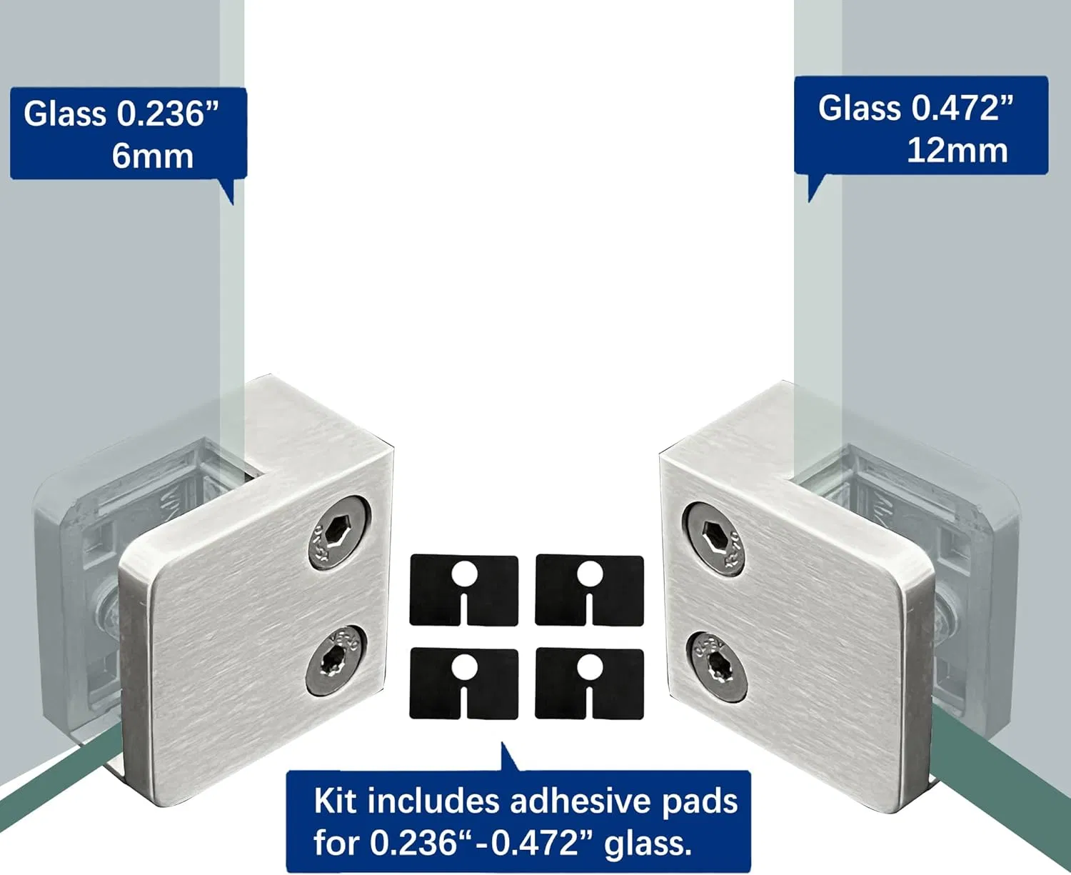 Suitable for 1/4" - 1/2" (6mm-12mm) Tempered Glass, Stainless Steel 304 Flat Bottom Square Glass Clamp for Railings, Stairs, Handrails, (silver)