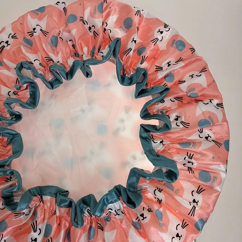 White Cats Luxury Flower Printing Satin Shower Caps Custom Logo Available