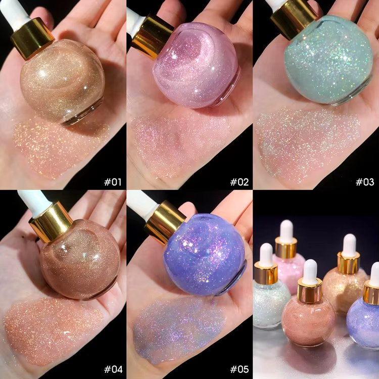 Custom Makeup Organic Glitter Liquid Body Face Highlighter Dropper Private Label Body Shimmer Highlight Oil