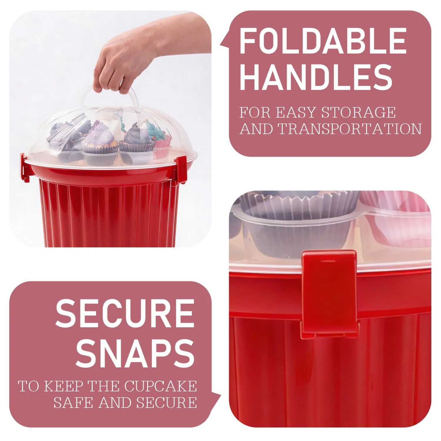 Red PP Cupcake Carrier Stand Cupcake Carousel with Foldable Handle 24 Cupcakes for Muffins Cookies for Dessert Muffin Carrier Holder Container
