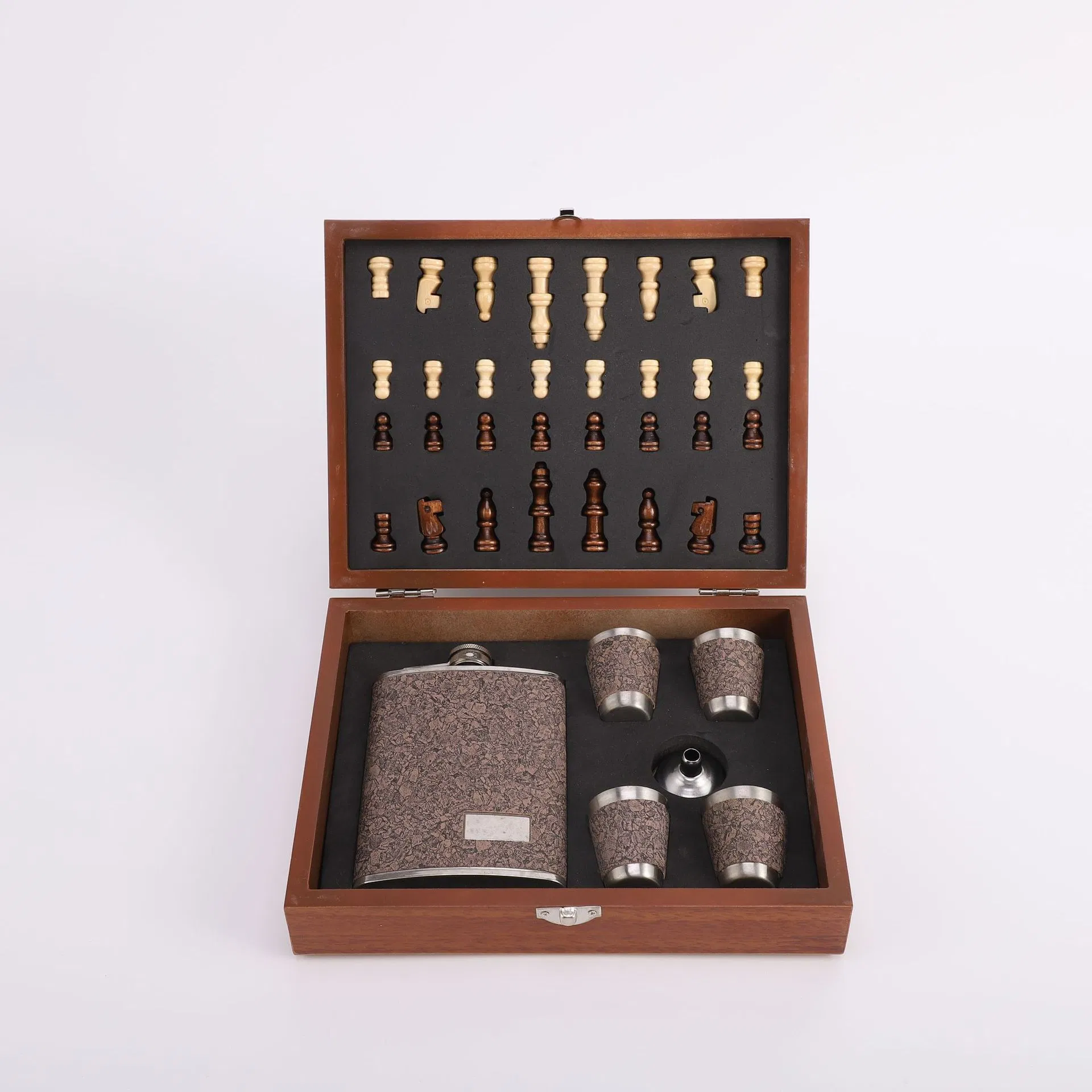 Whiskey Chess Box Brown Wooden Chess Board Box Stainless Steel with PU Leather 8oz Hip Flask with Funnel and Whiskey Glasses for Men