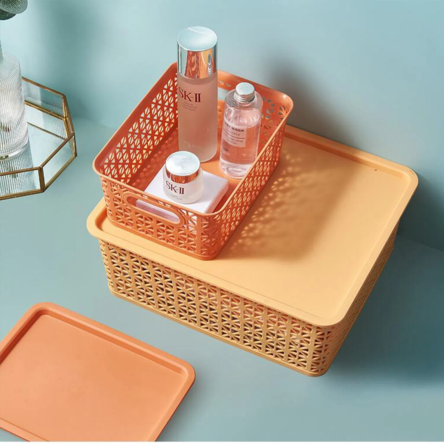 Plastic Storage Baskets with Lid Tote Bundle Set Organizing Countertops