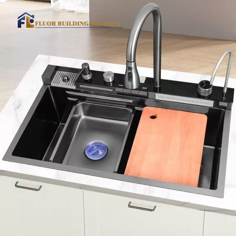 Waterfall Kitchen Bowl Flying Rain Nano Stainless Steel Smart Sink Black