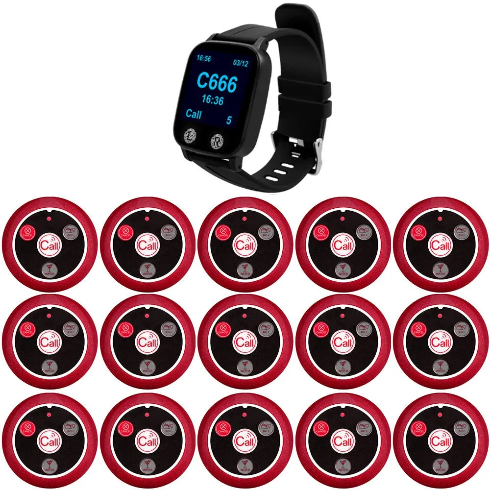 Wireless Call System Premium 15-Key Call Button Transmitter 1 Wristwatch-Style Vibrating Pager