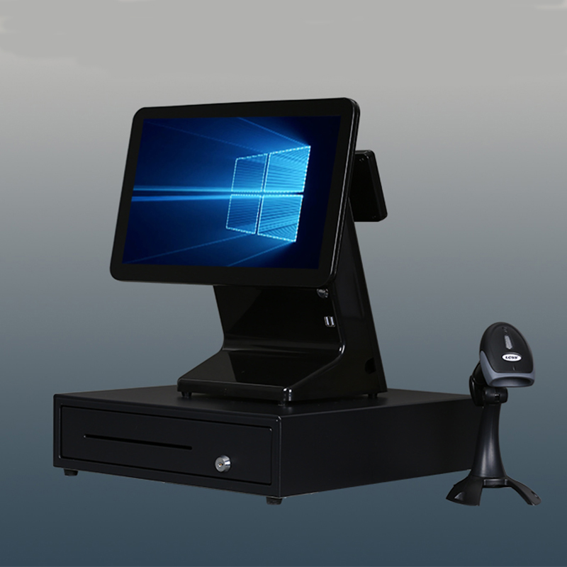 15.6-Inch Capacitive POS Touch Display with Small Customer Display with Scanner, Cash Box, Ticket Machine Equipment