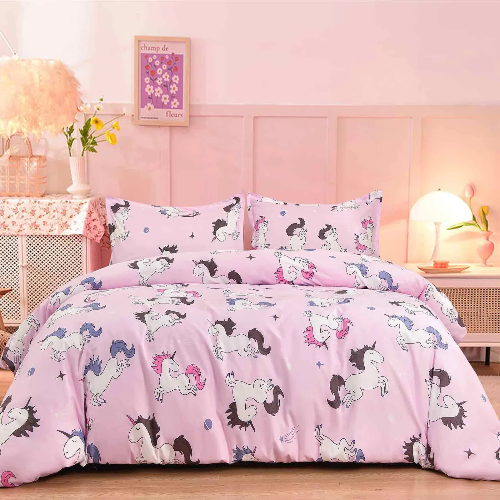 Unicorn Duvet Cover Set Girls Pink Microfiber Preppy Quilt Cover Zip Ties Bedding
