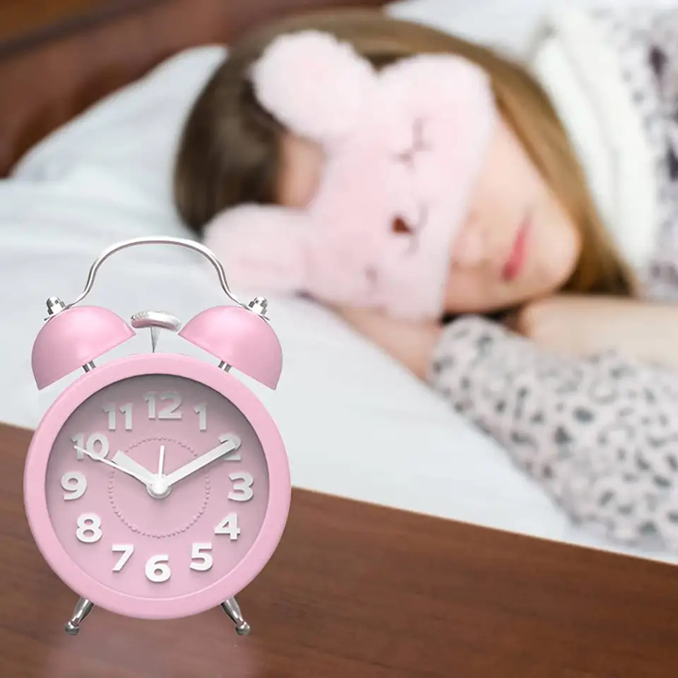 4 Inch Small Cute Mini Twin Bell 3D Number Kids Pink Alarm Clock for Bedrooms Miniature Desk Table Clocks