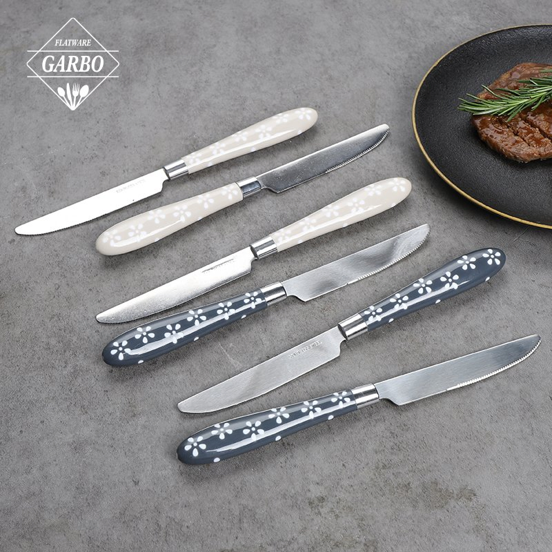 Sharp Blade Durable Ss 13/0 Dinner Knife Mirror Stainless Steel Knife with Printing Flower PP Plastic Handle